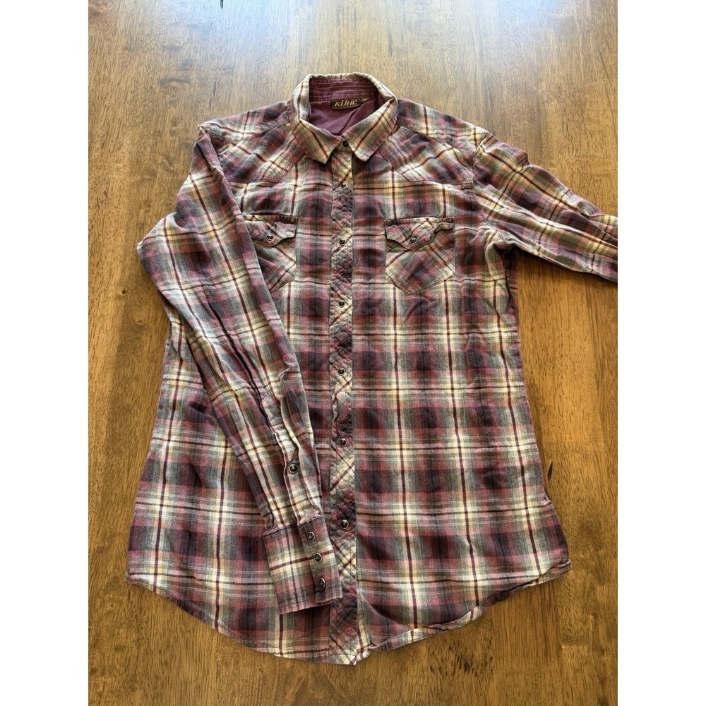 KUHL Men's M Burgundy Gray Beige Plaid Flannel Point Collar Pockets Shirt